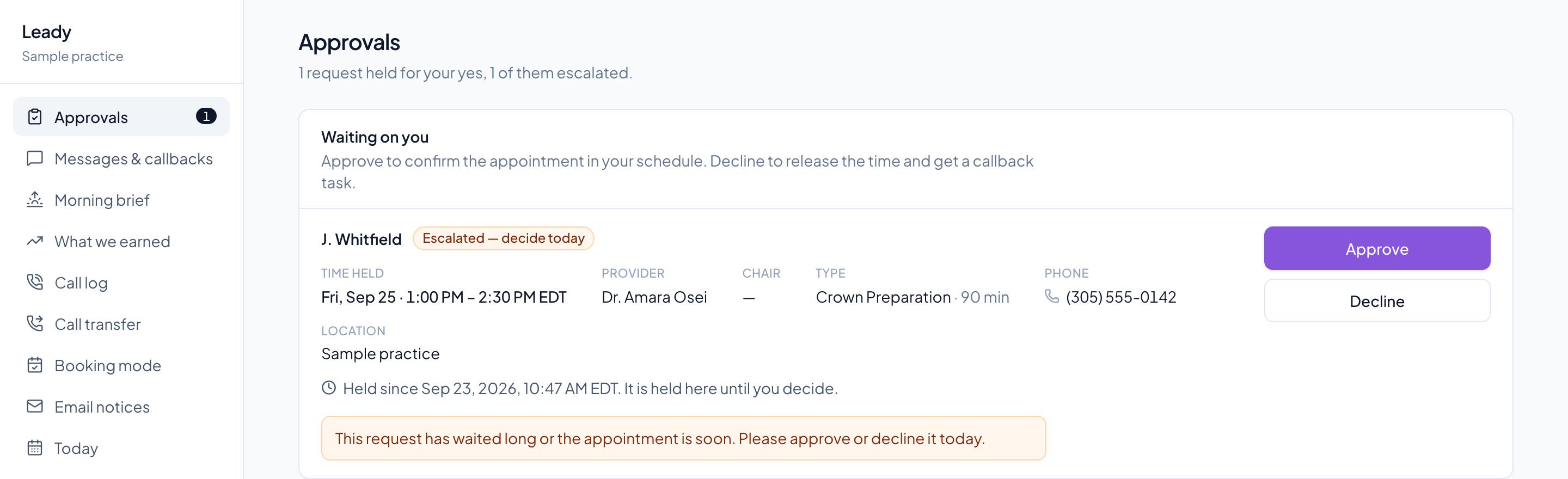 The approvals queue in the Leady portal, a sample practice